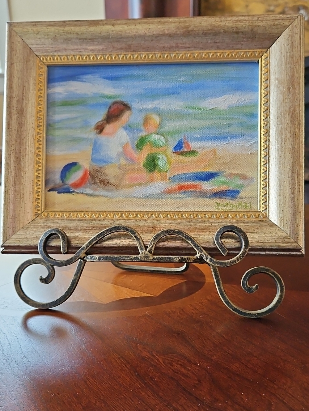 Original 2005 Beach Scene Mom/Baby Oil Painting Framed Impressionist Coastal Art
